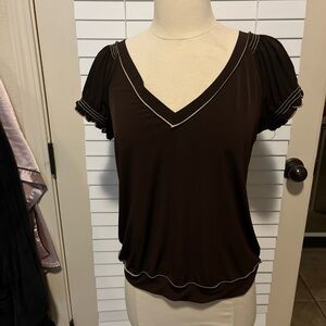 Studio M Chocolate V-Neck Blouse with Puff Sleeves